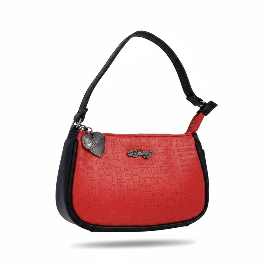 Ed Hardy Red Black Shoulder Bag Purse Heart Charm Embossed Logo Y2K NWT